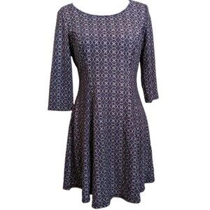 Classic Fit and Flare Dress Earthtones Geometric 3/4 Sleeve Size Large